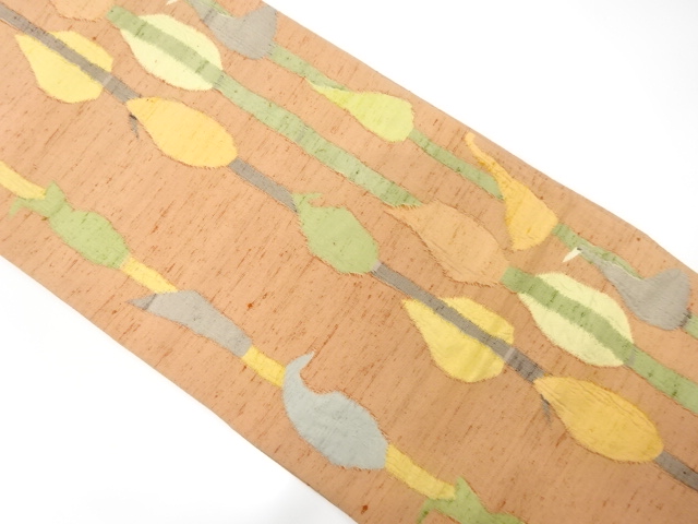 手織り紬　枝葉模様織り出し袋帯